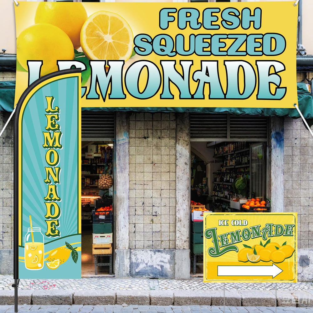 Hahafelt lemonade stand setup in use attracting customers outdoors
