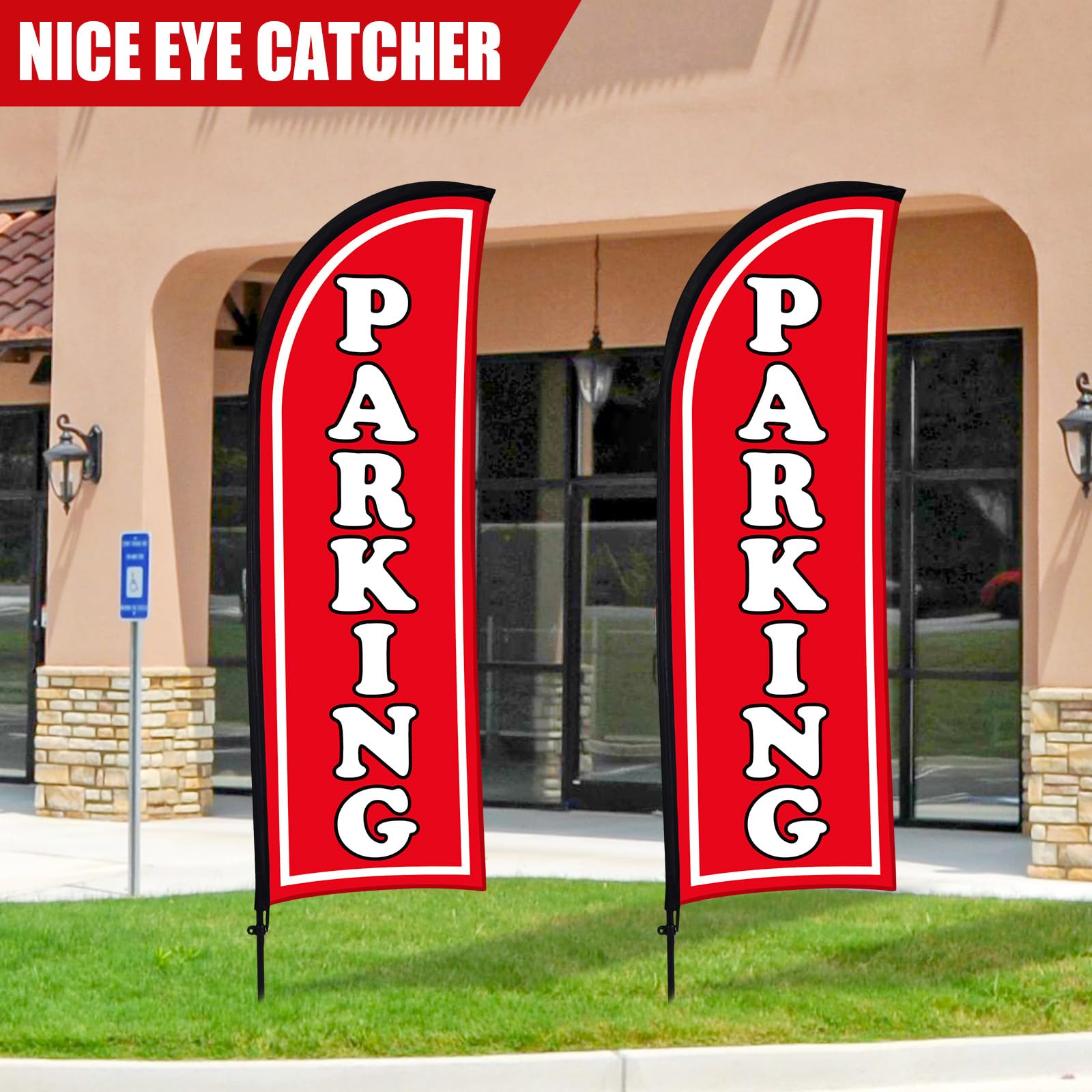 Hahafelt parking feather flag in use at lot entrance for clear direction