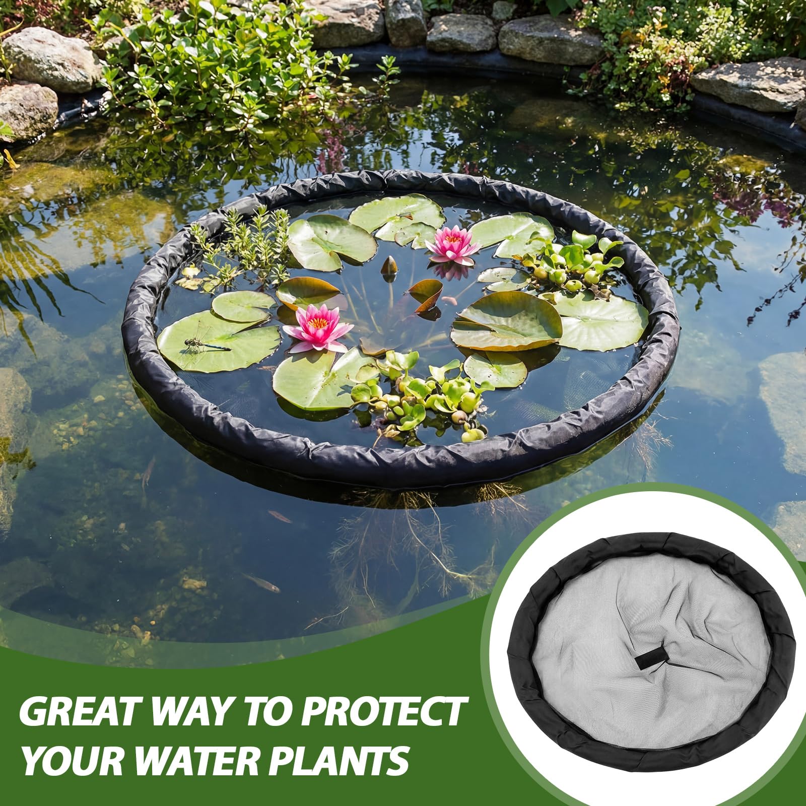 Backyard pond scene with Hahafelt barrier installed showing tidy planting and aesthetic benefit