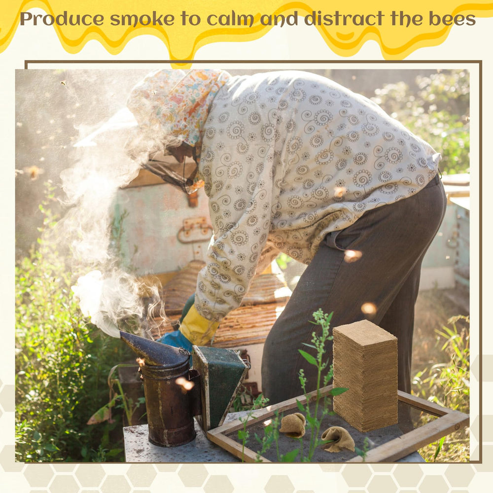 Hahafelt beekeeper using smoker at hive with gentle smoke for calmer colony handling