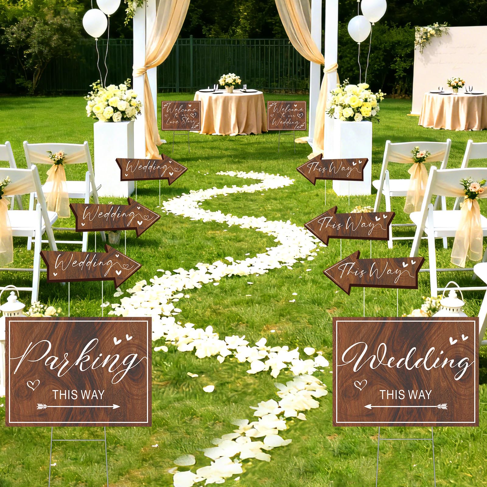 Haiddle arrow signs placed on lawn guiding guests for efficient navigation