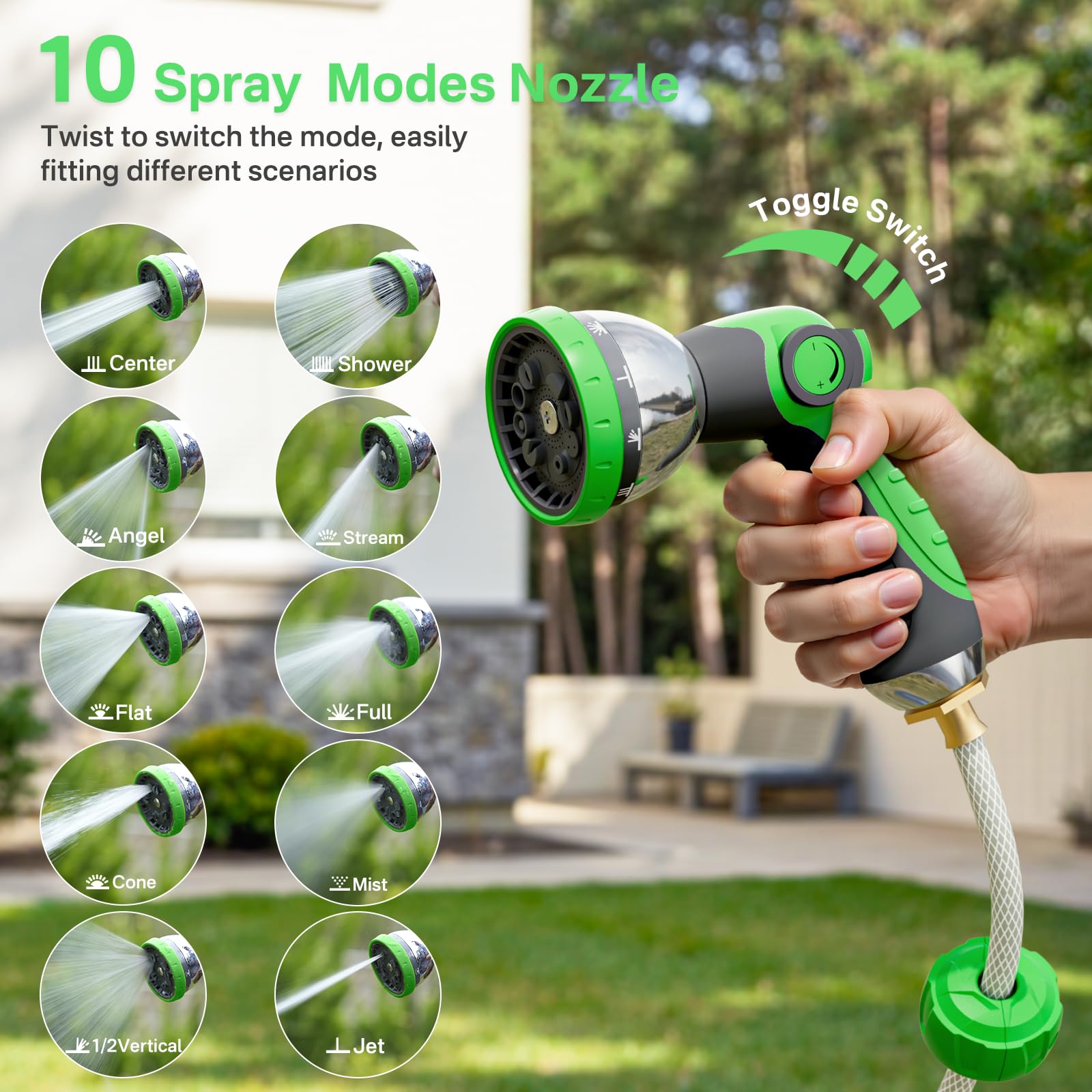Hainan hose in use watering flower beds demonstrating extended reach benefit
