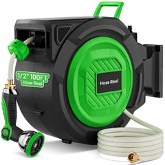 Hainan front view of retractable hose reel showing neat storage and easy access