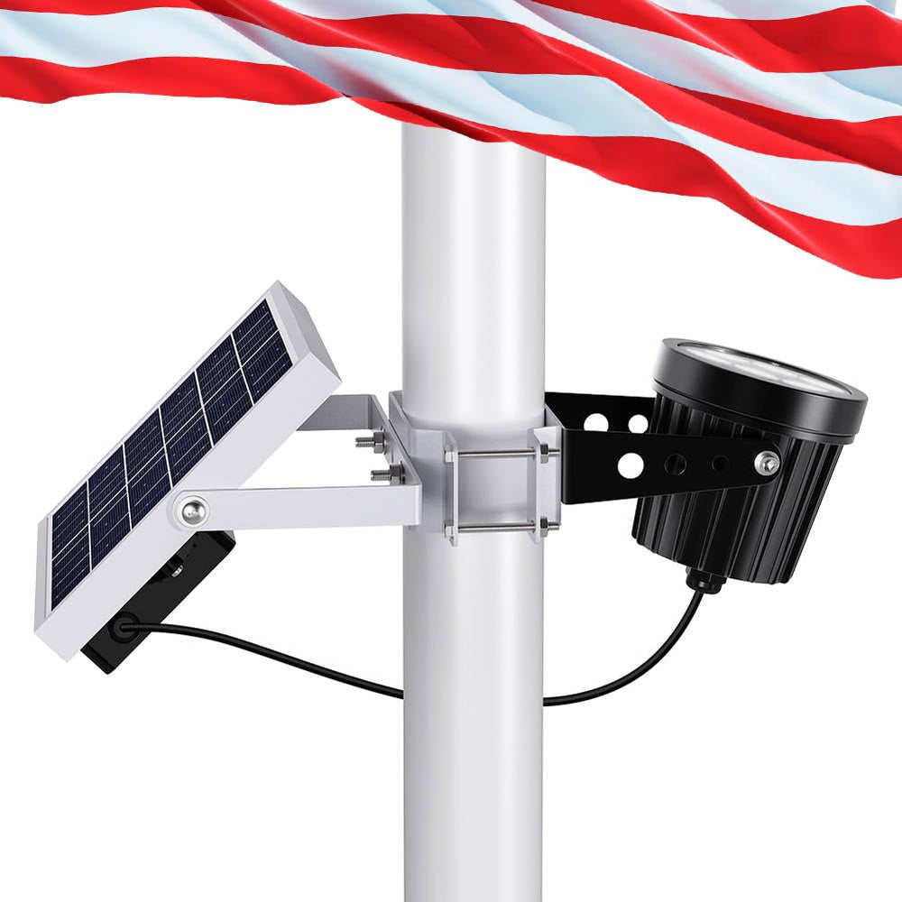 Hainee solar flag pole light front mounted showing bright illumination benefit