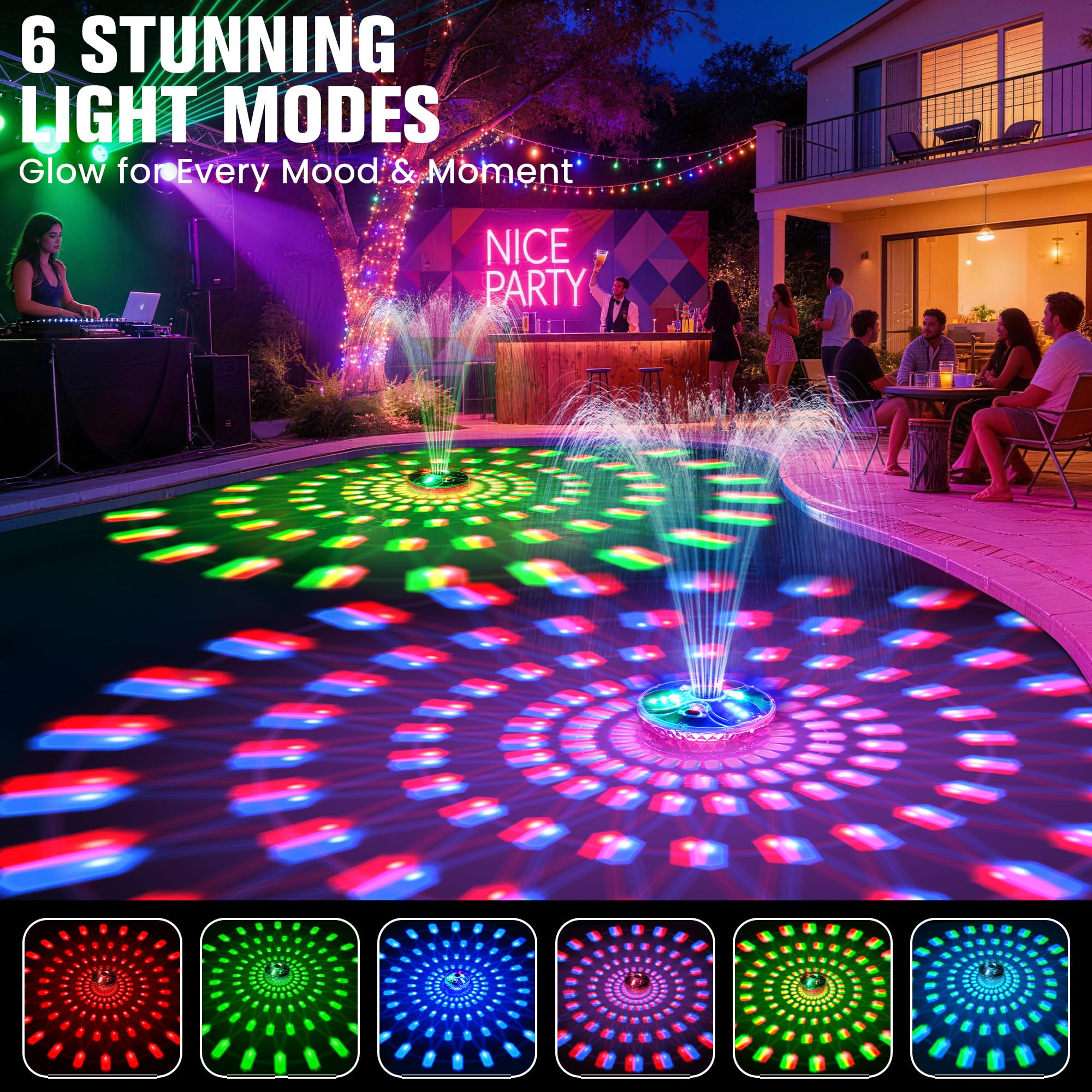 HaiNova fountain LED lights at night creating colorful mood lighting for gatherings