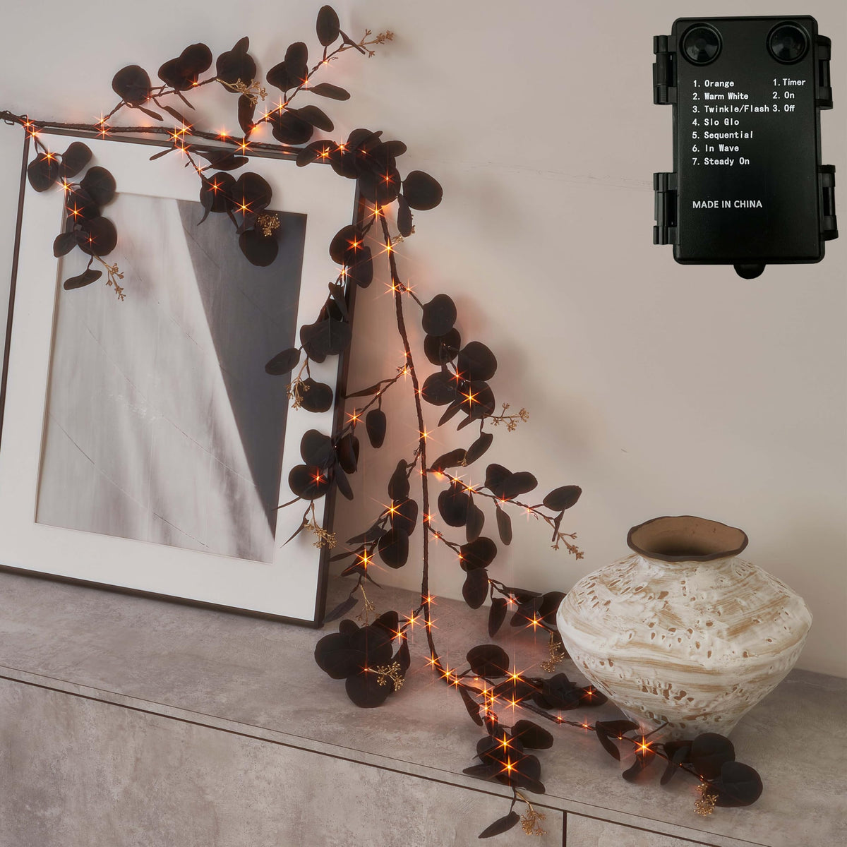Hairui black eucalyptus garland front view shows Halloween-ready look