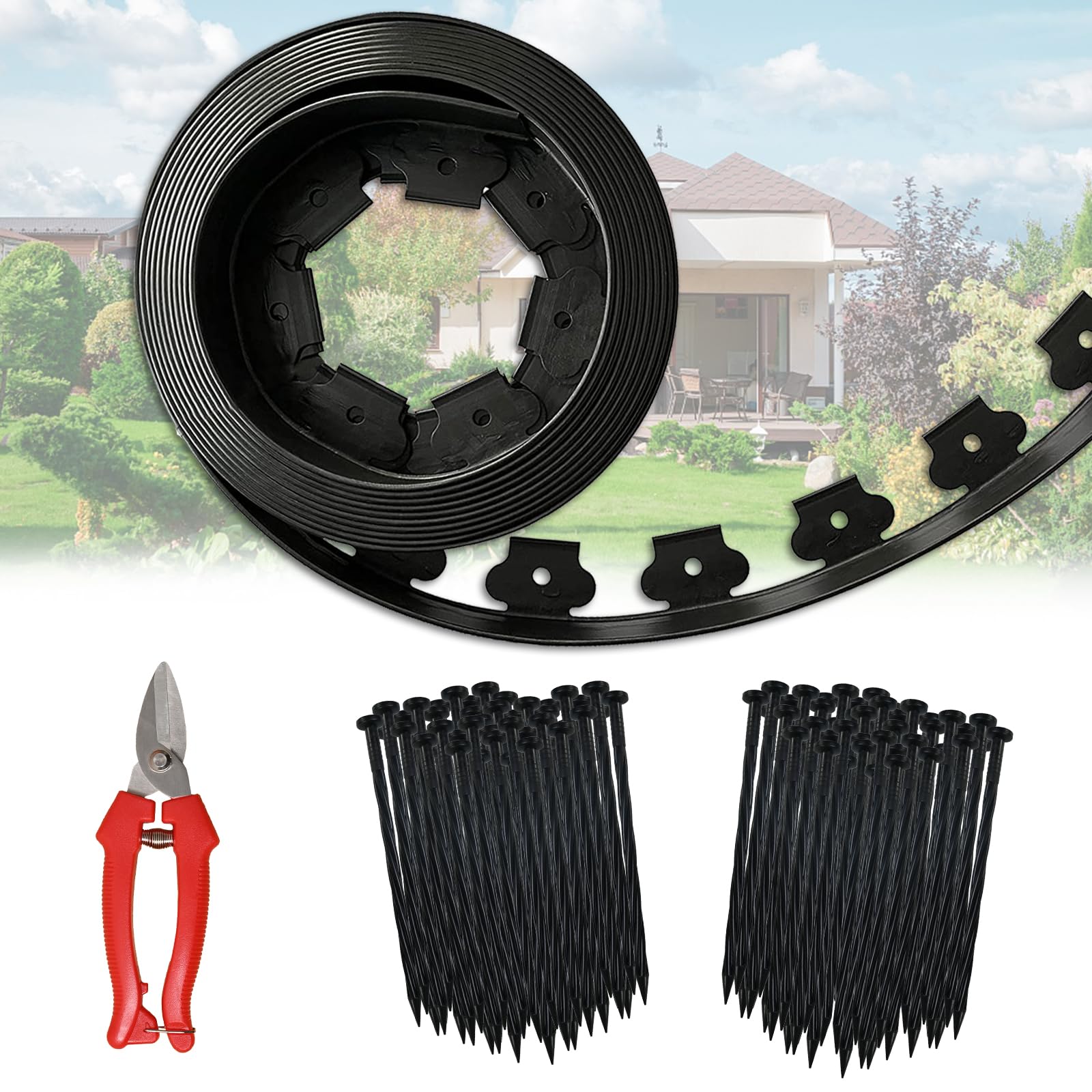 Haisiey front packaging view of 60ft edging kit showing included spikes and scissors benefit tidy borders