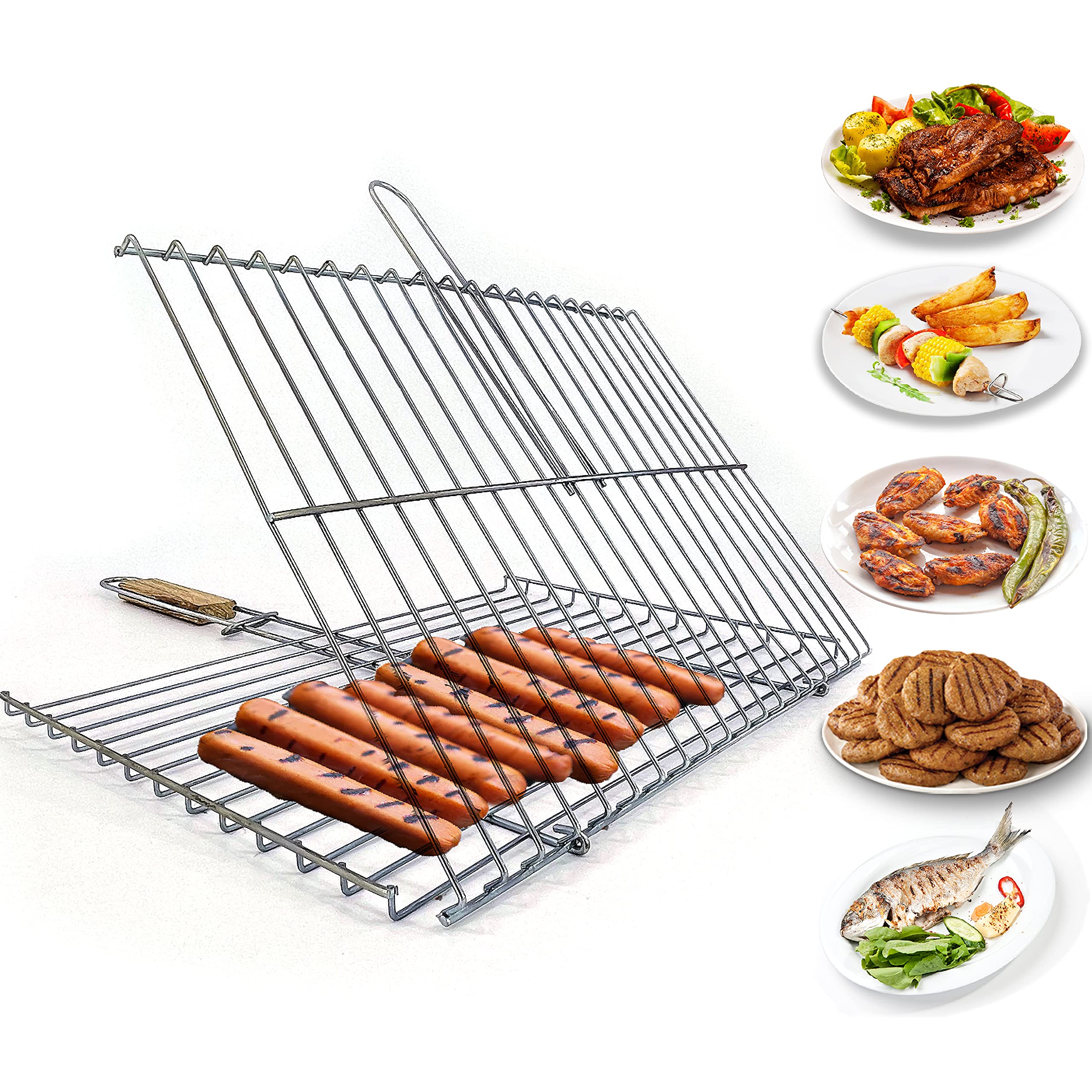 Hakan front view of grill basket showing full cooking surface and durable frame benefit