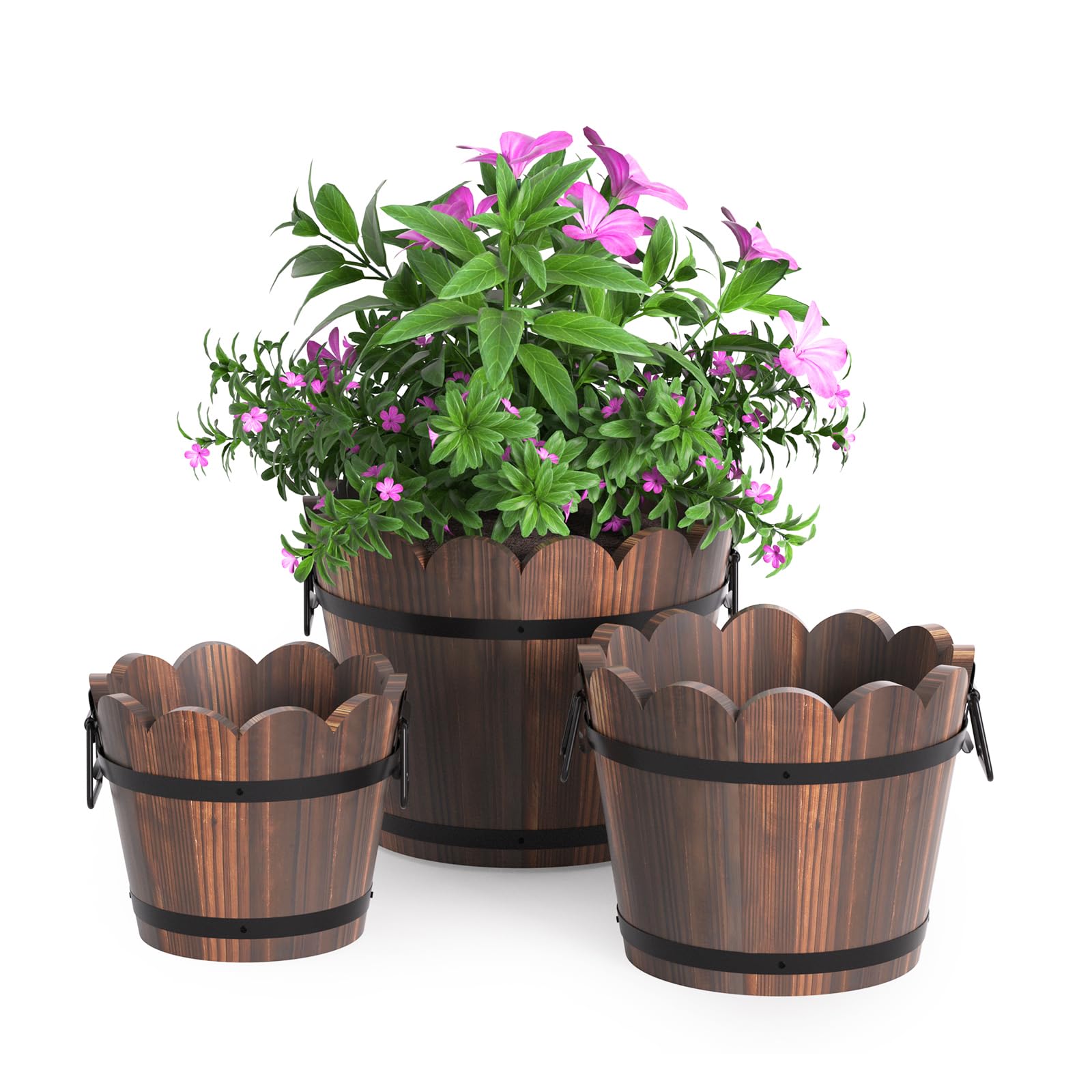HakkaGirl front view of three wooden barrel planters showing rustic finish and size variation, ideal for display