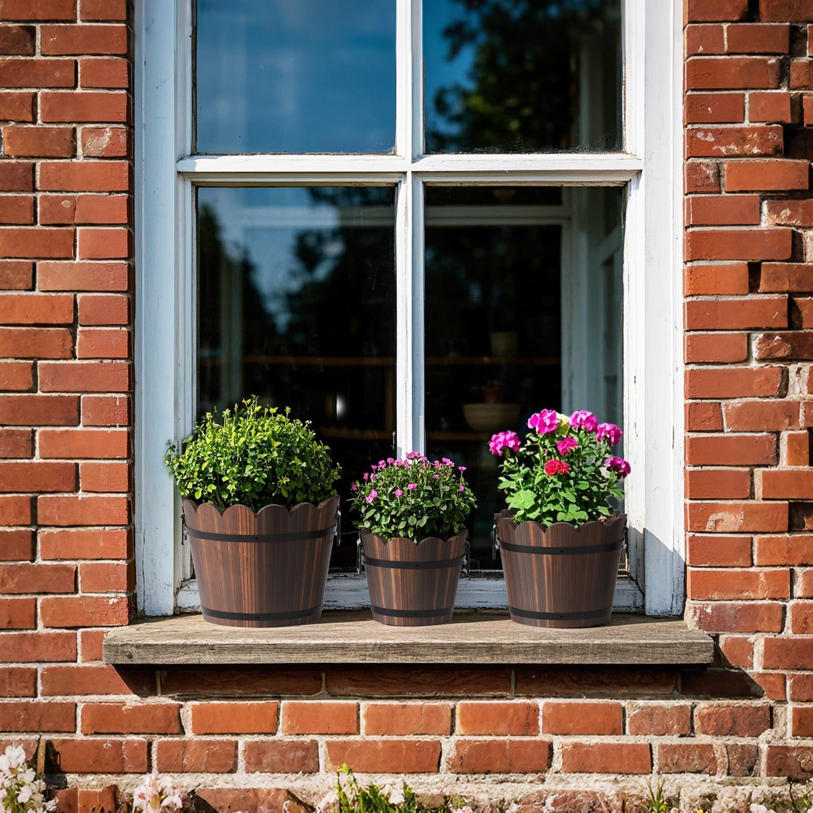 HakkaGirl lifestyle shot of barrel planters on patio showcasing rustic charm and seasonal outdoor display