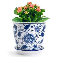 HakkaGirl front view of blue and white planter showing elegant Chinoiserie design and style
