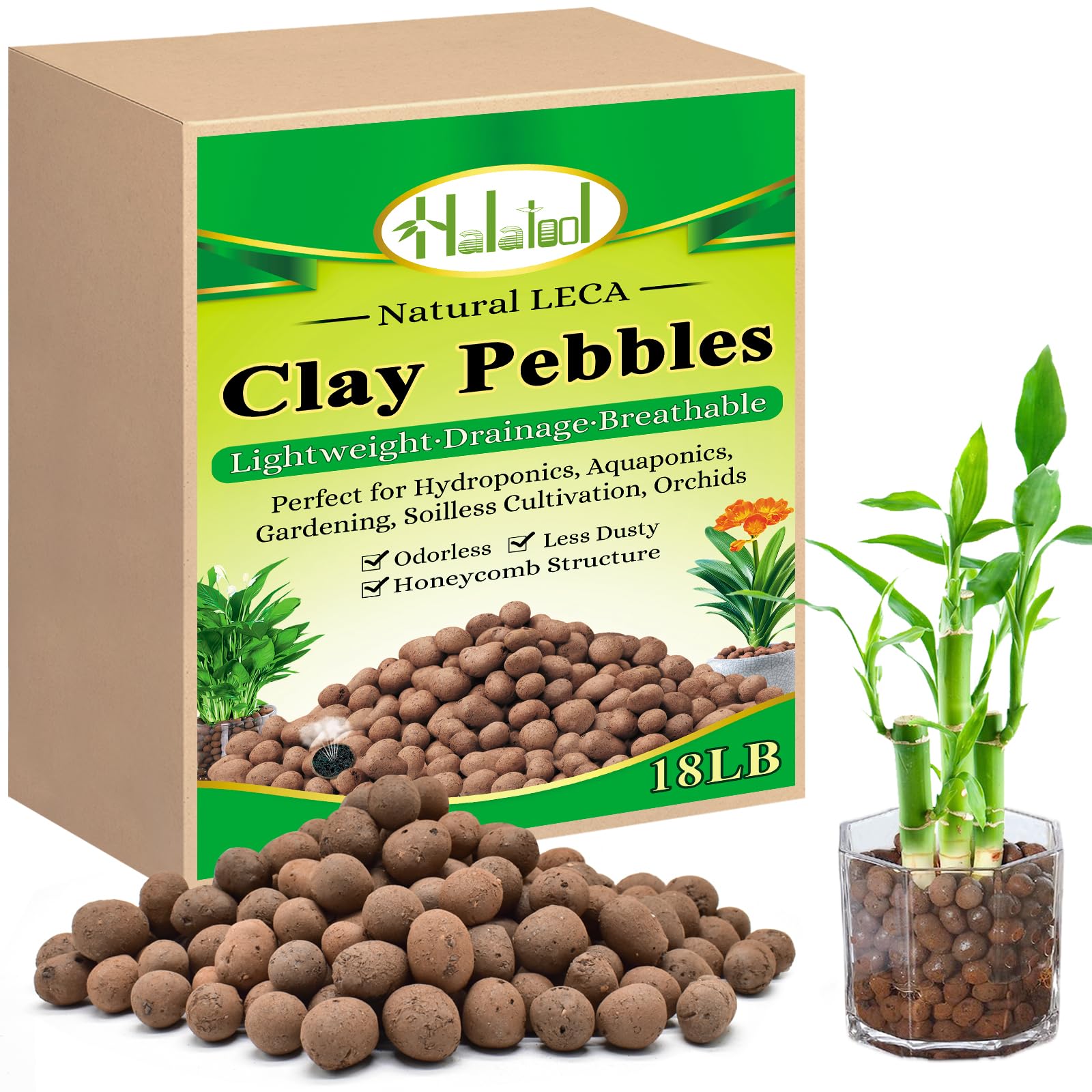 Halatool front of bag showing 18lb LECA clay pebbles and product label benefits