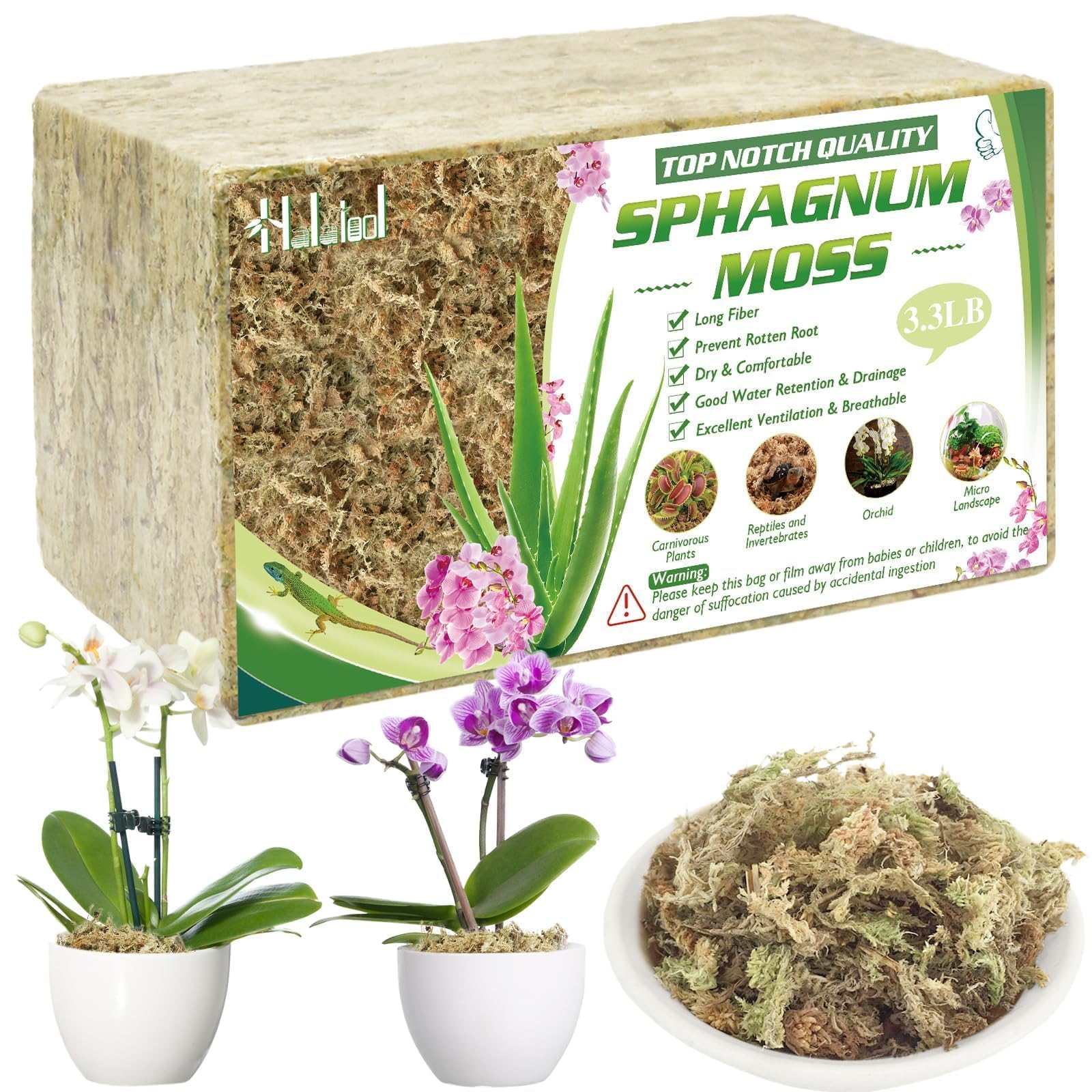 Halatool front packaging brick showing compact dry moss and expansion claim benefit