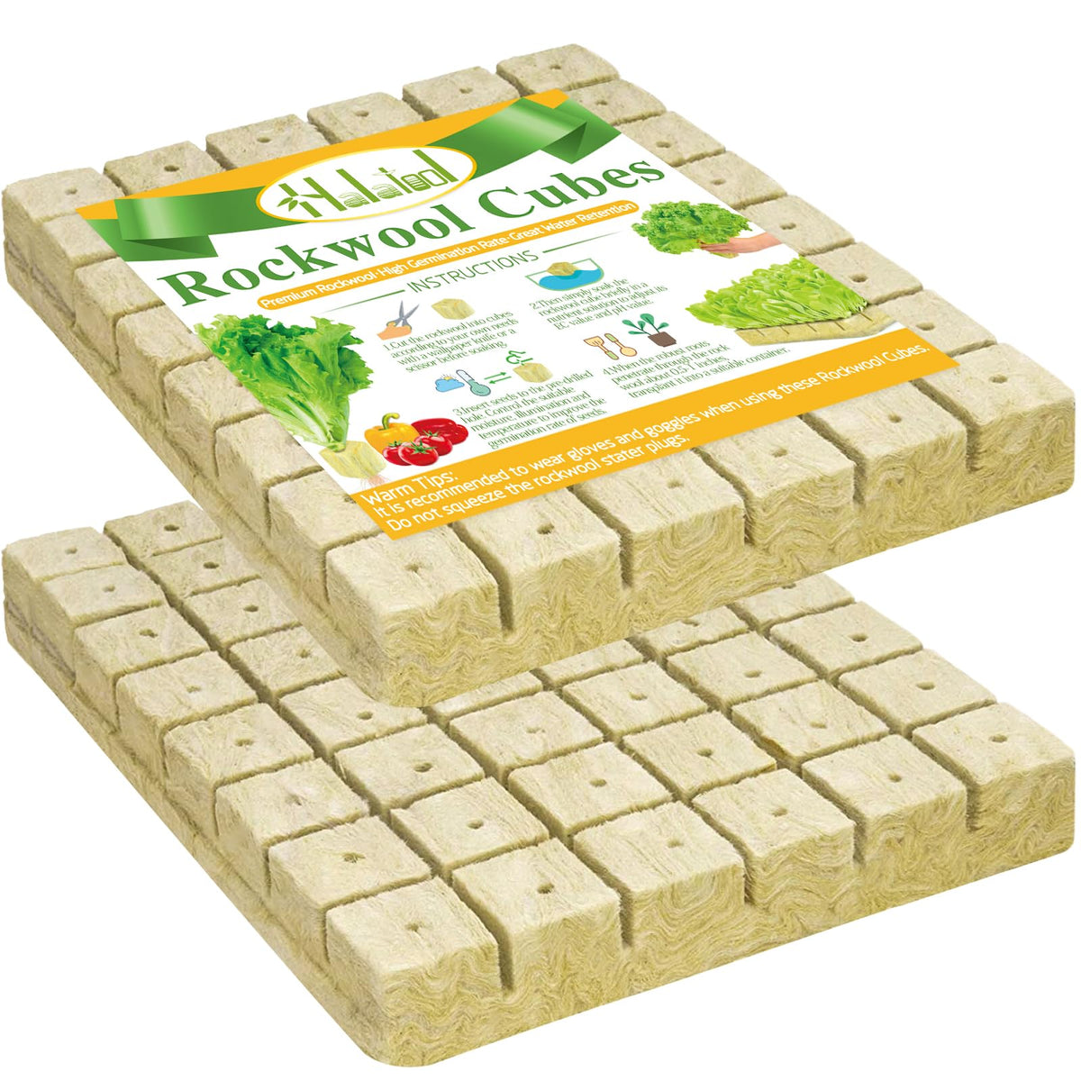 Halatool front packaging showing 96 rockwool cubes and clear labeling for easy selection