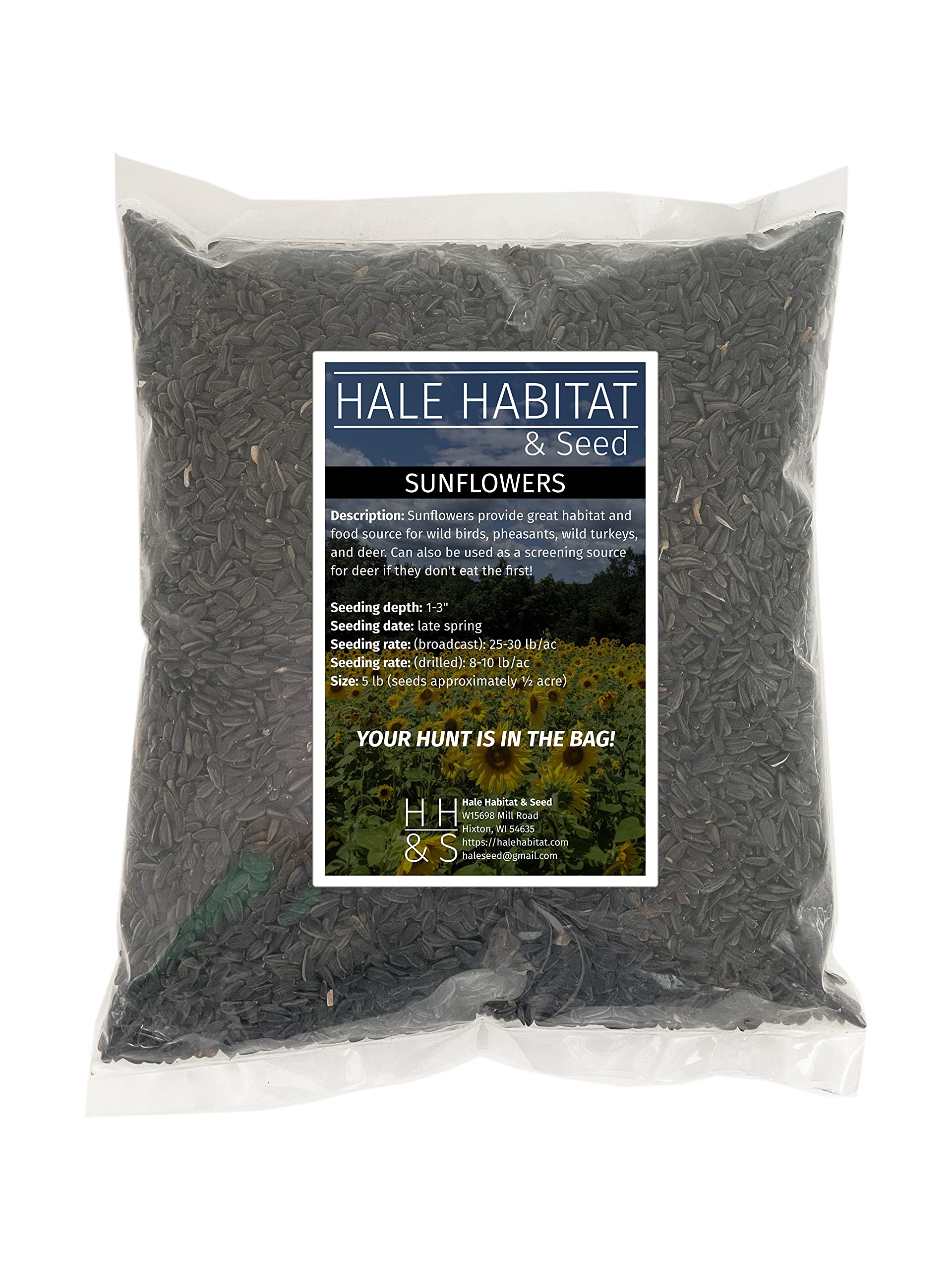 Hale Habitat & Seed front packaging showing 5 lb bag and clear labeling benefit: easy identification