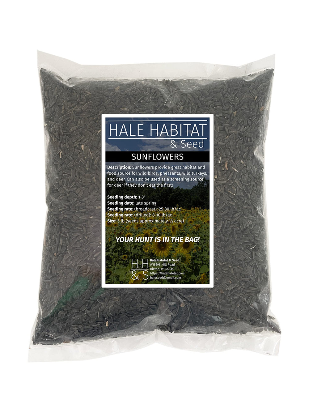 Hale Habitat & Seed front packaging showing 5 lb bag and clear labeling benefit: easy identification