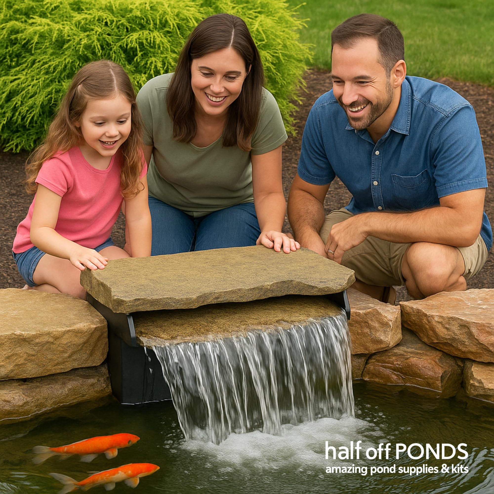 HALF OFF PONDS installed waterfall in garden showing aeration and ambience