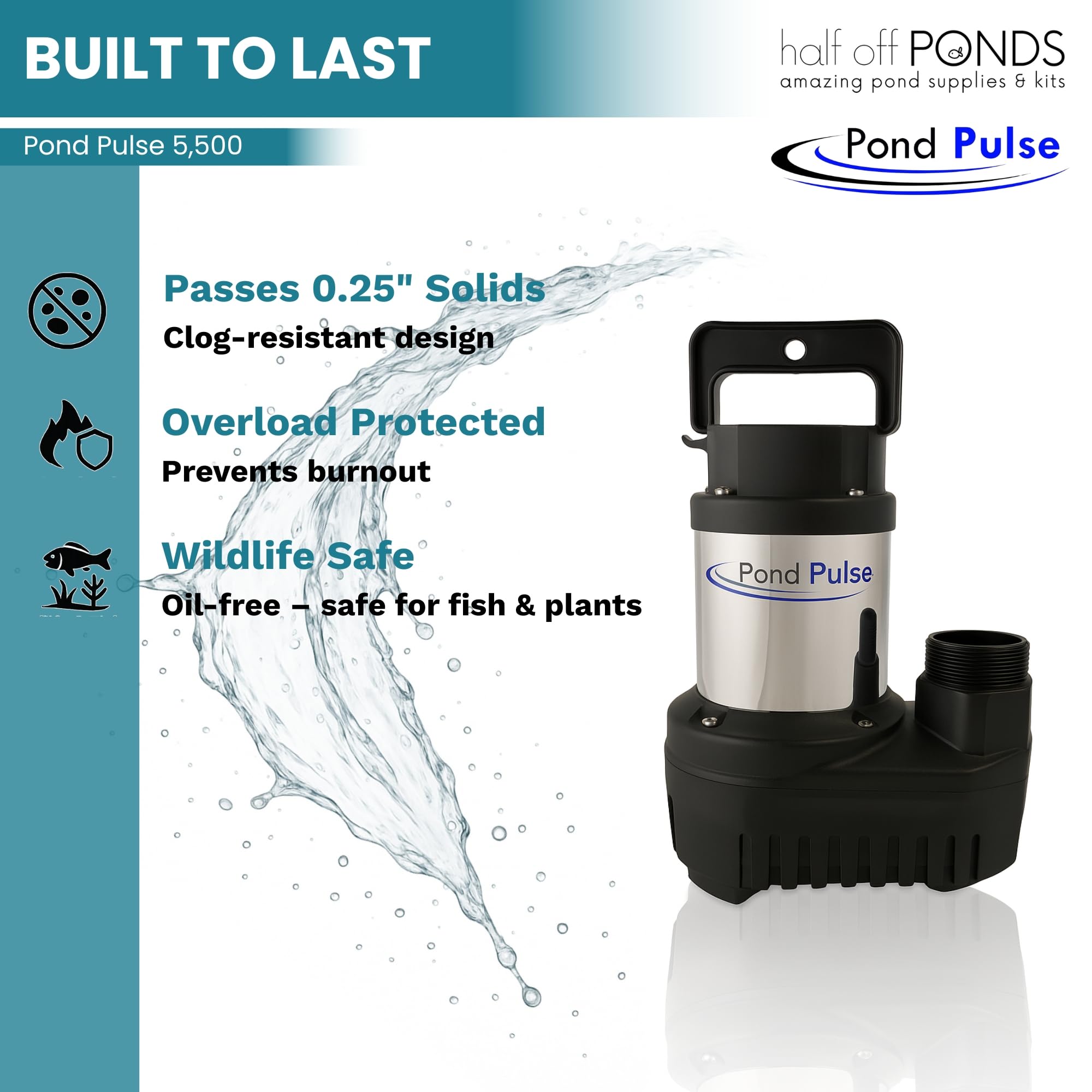 HALF OFF PONDS pump next to a hand for scale illustrating compact design benefit