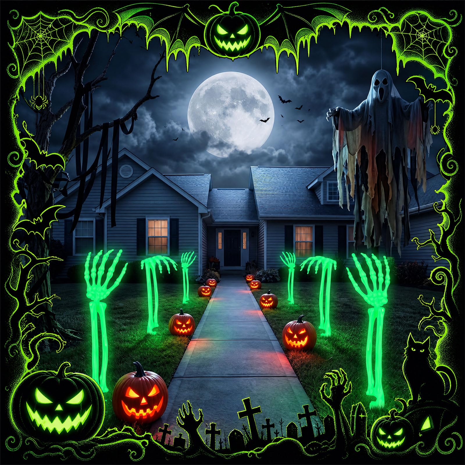 Halloscume skeleton arms on party table enhancing graveyard scene