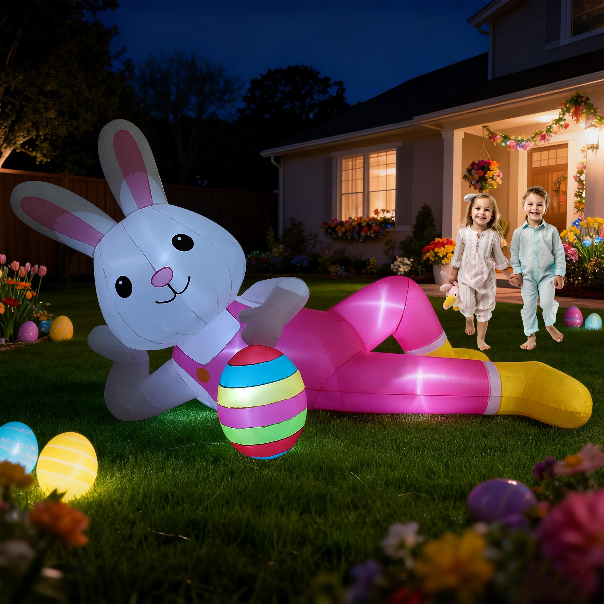 Hamito 12ft lying bunny front view showing large Easter yard impact