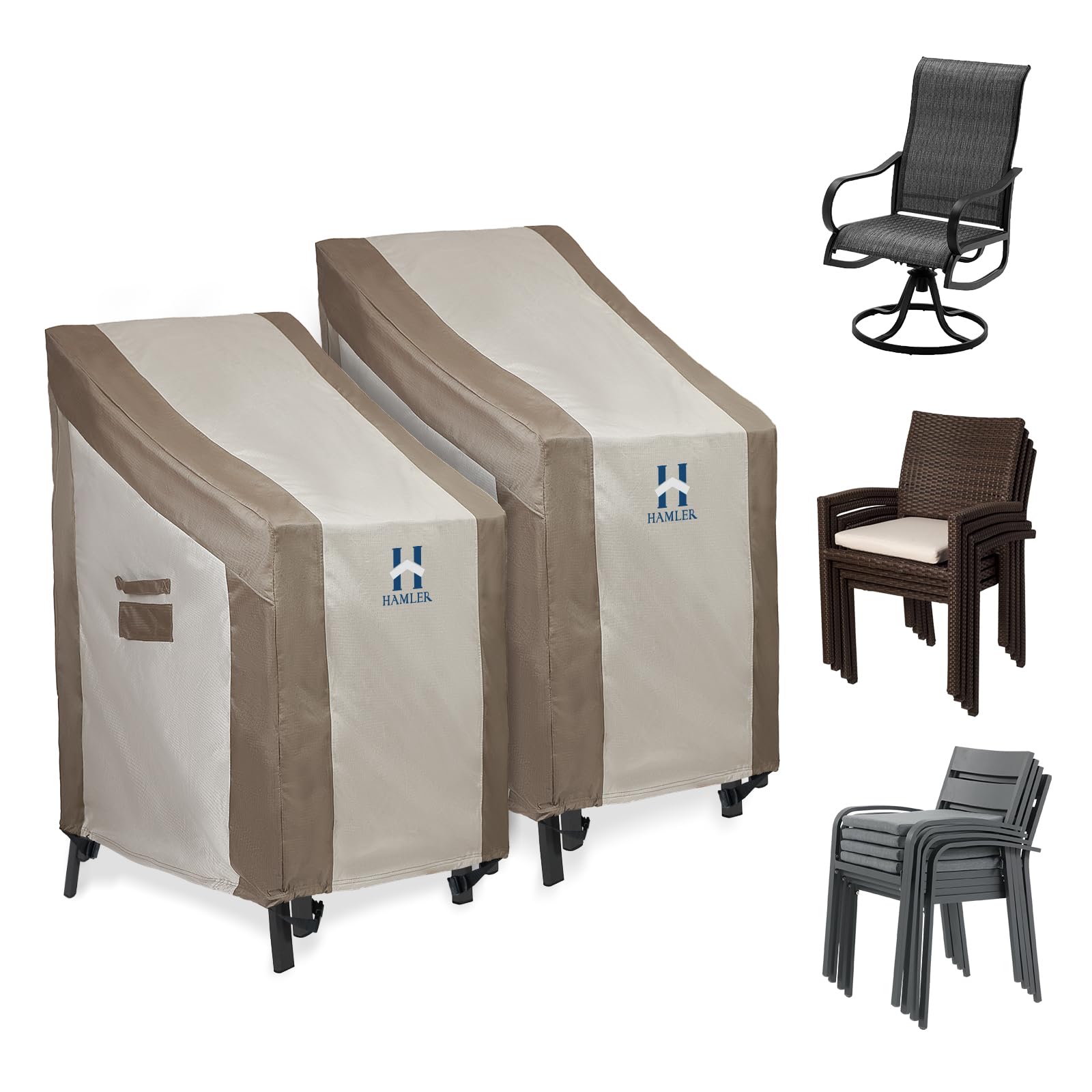 HAMLER front view of two covered chairs showing complete protection and weather resistance