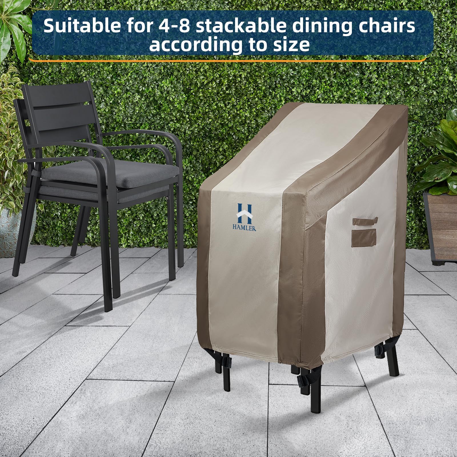 HAMLER covered patio chairs in evening lifestyle scene protecting furniture outdoors