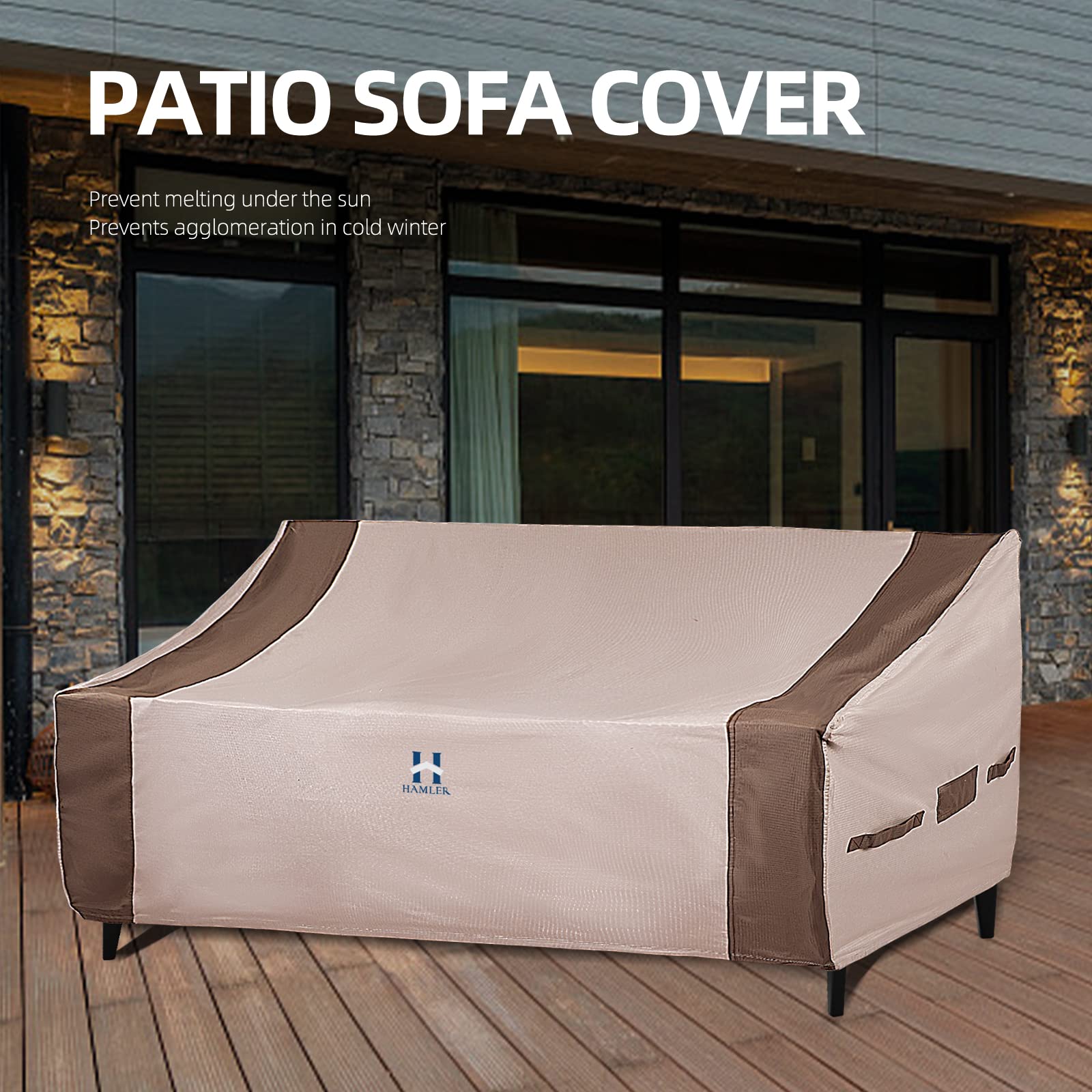 HAMLER cover in a patio setting protecting sofa from rain and sun