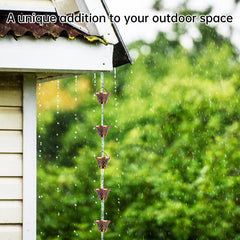 HANAYARD rain chain attached to gutter in use directing water and preventing splash
