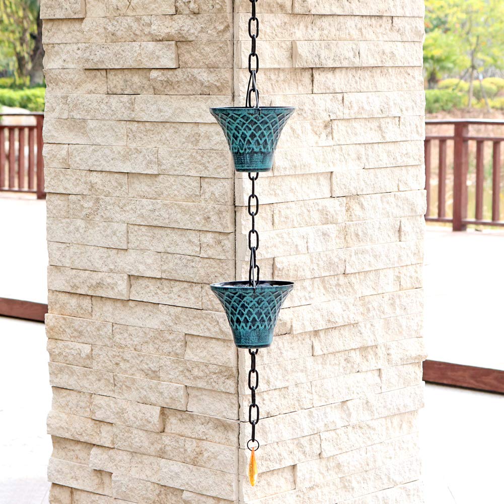 HANAYARD rain chain in use with steady water flow and erosion reduction