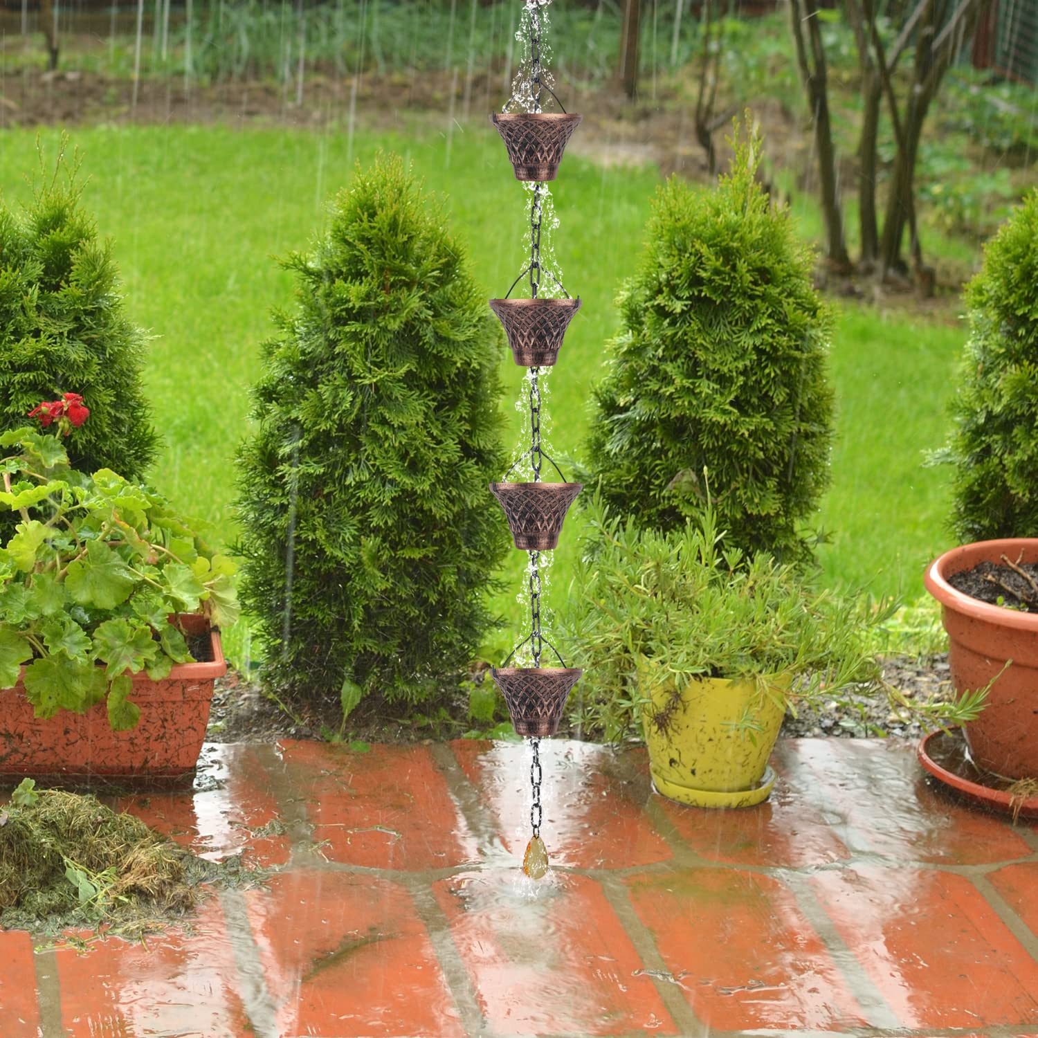 HANAYARD rain chain beside doorframe showing 8.5ft scale for correct sizing