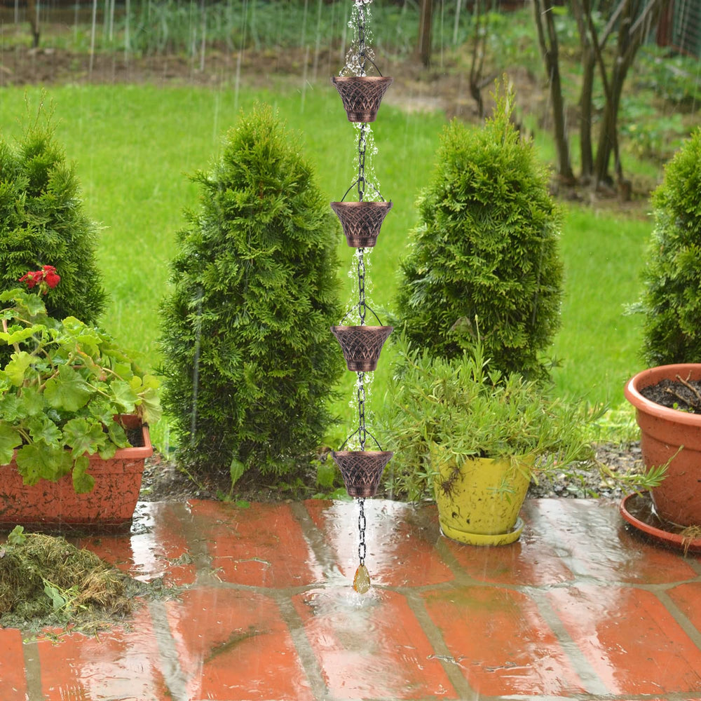 HANAYARD rain chain beside doorframe showing 8.5ft scale for correct sizing