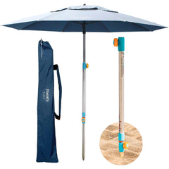 Handy Beach Goods front view of umbrella packaging showing portability and features