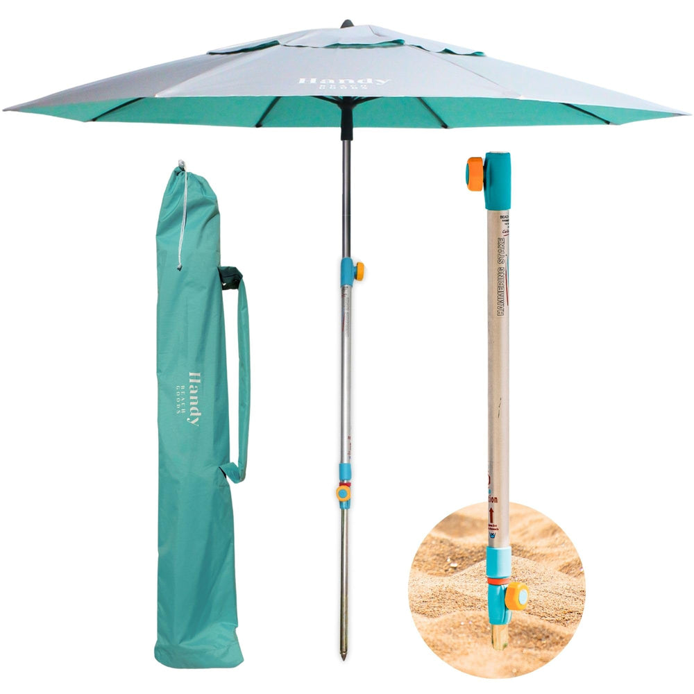 Handy Beach Goods front view of packaged umbrella showing compact carry bag and label benefit portability