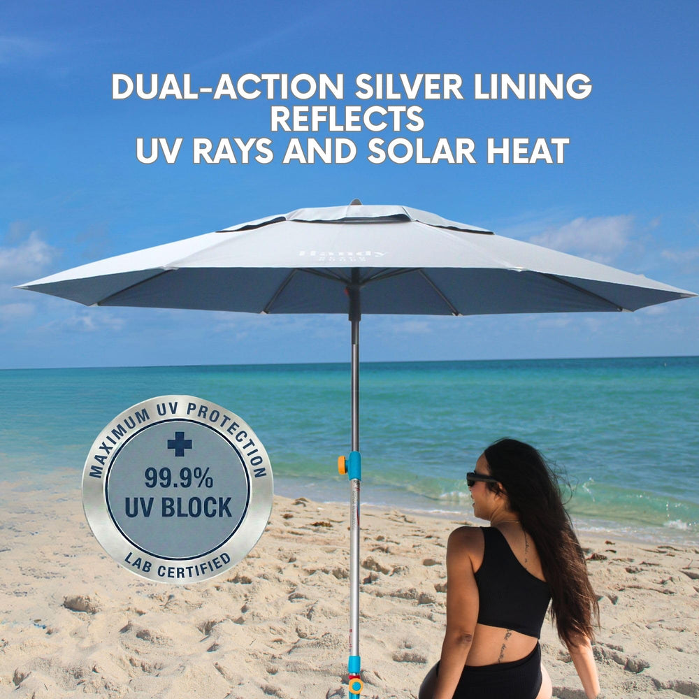 Handy Beach Goods umbrella shading a family illustrating quick setup comfort