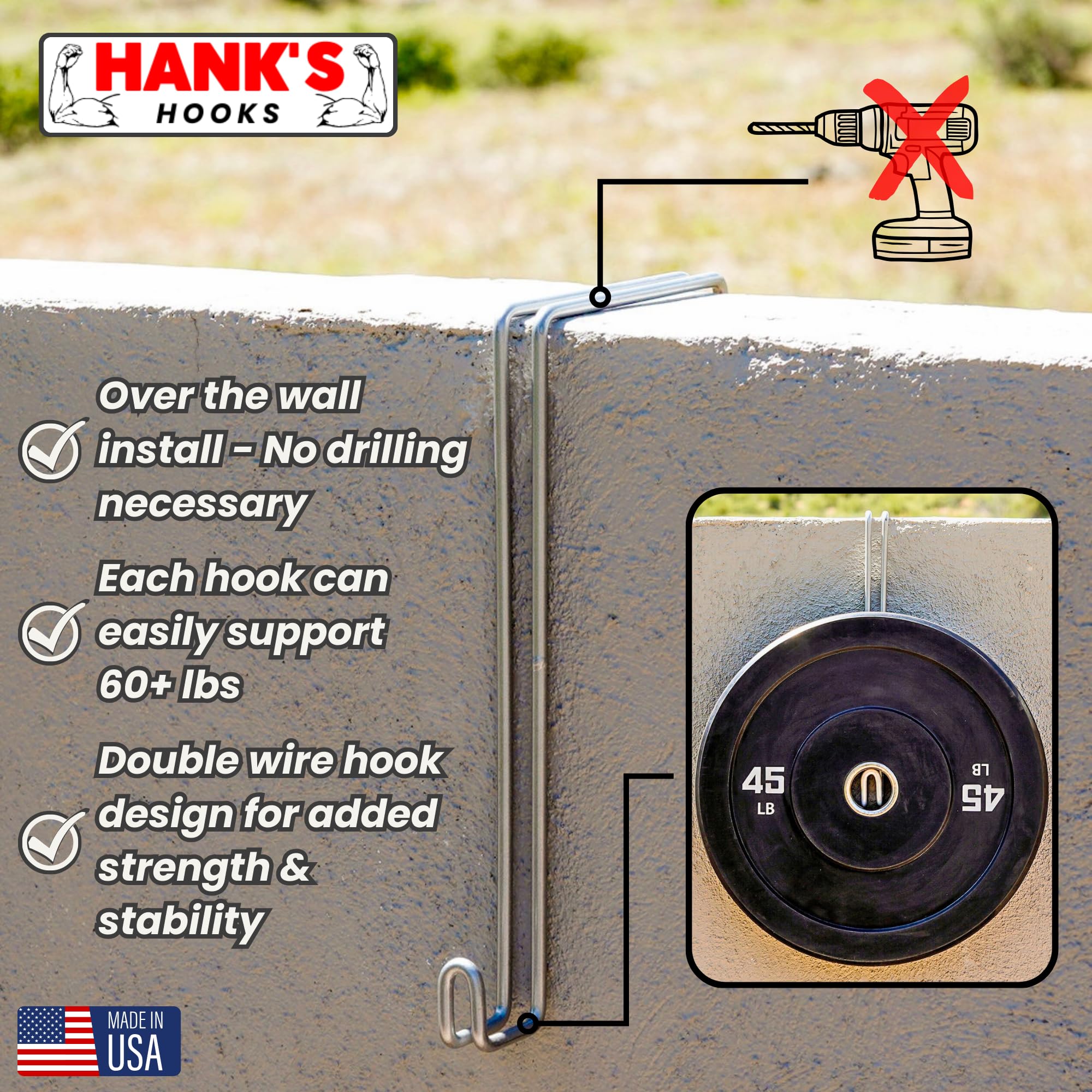 Hank's Hooks supporting a ladder on a block wall for organized storage
