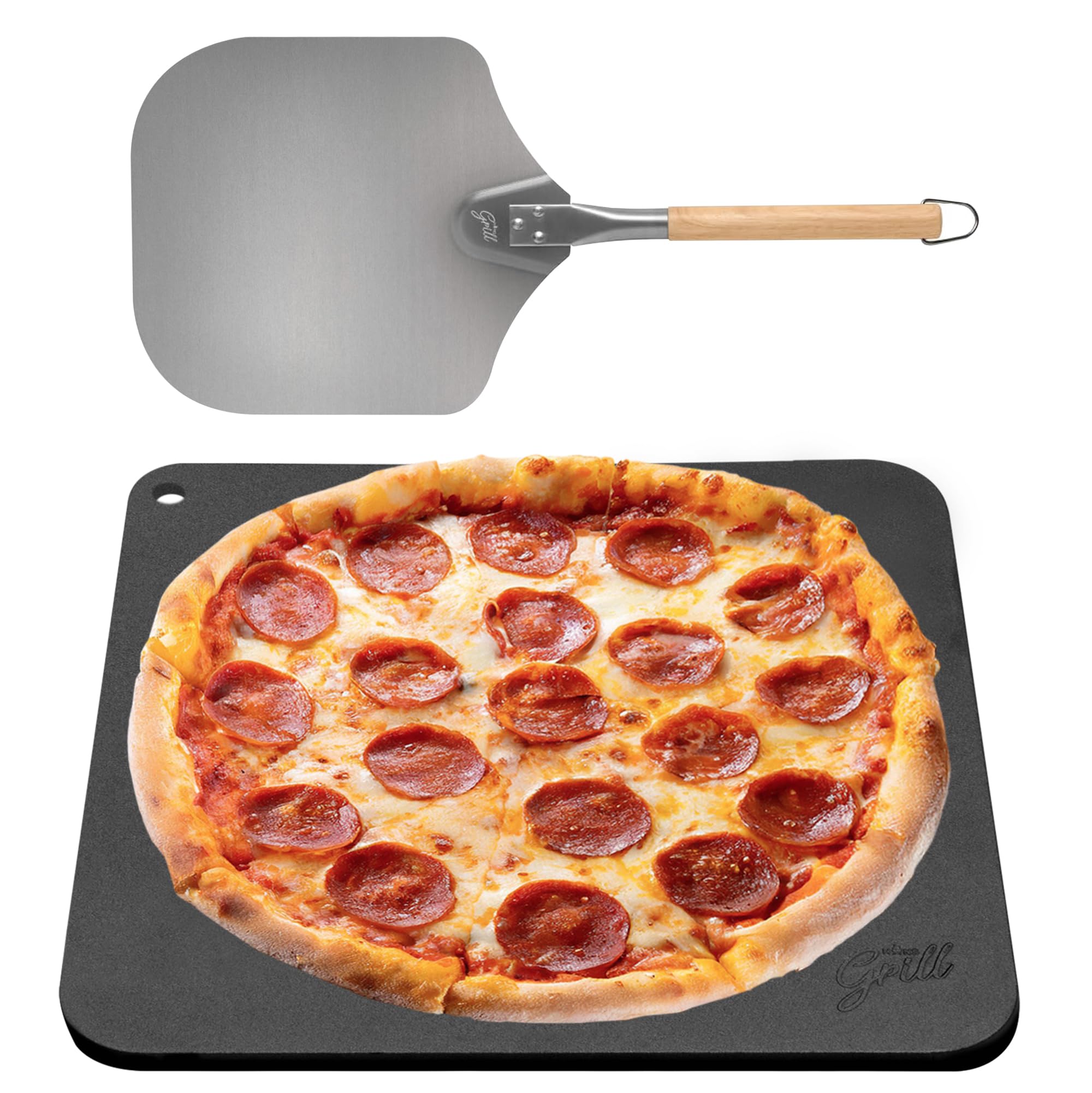 Hans Grill front view of Pizza Steel PRO packaging showing product and peel benefits