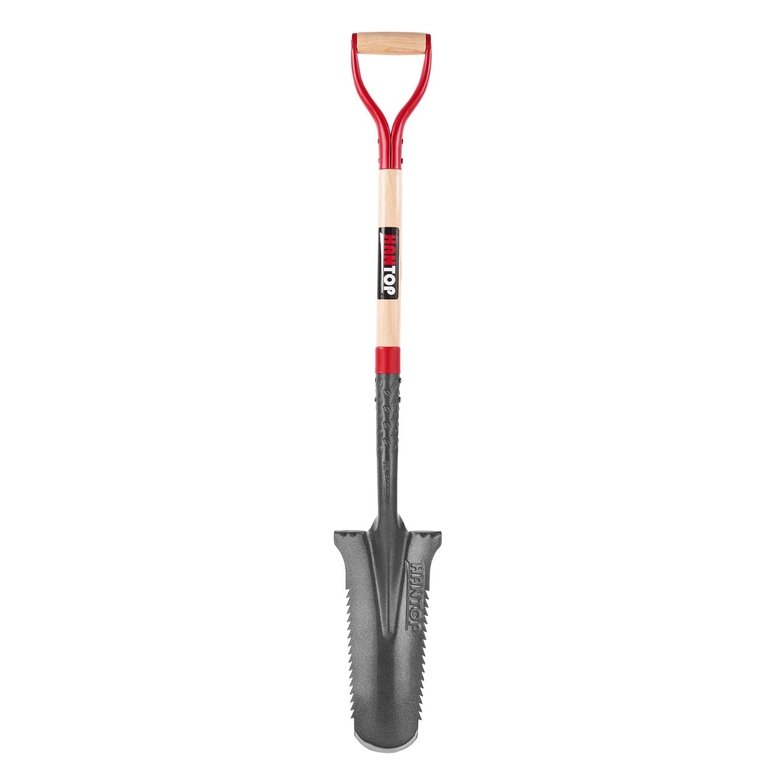 HANTOP full-length spade showing blade and oak handle for durable reach