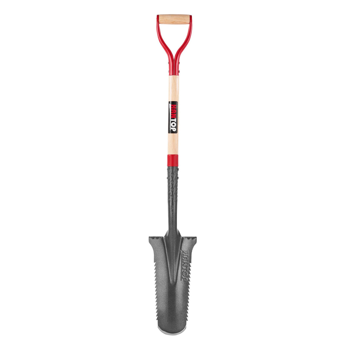 HANTOP full-length spade showing blade and oak handle for durable reach