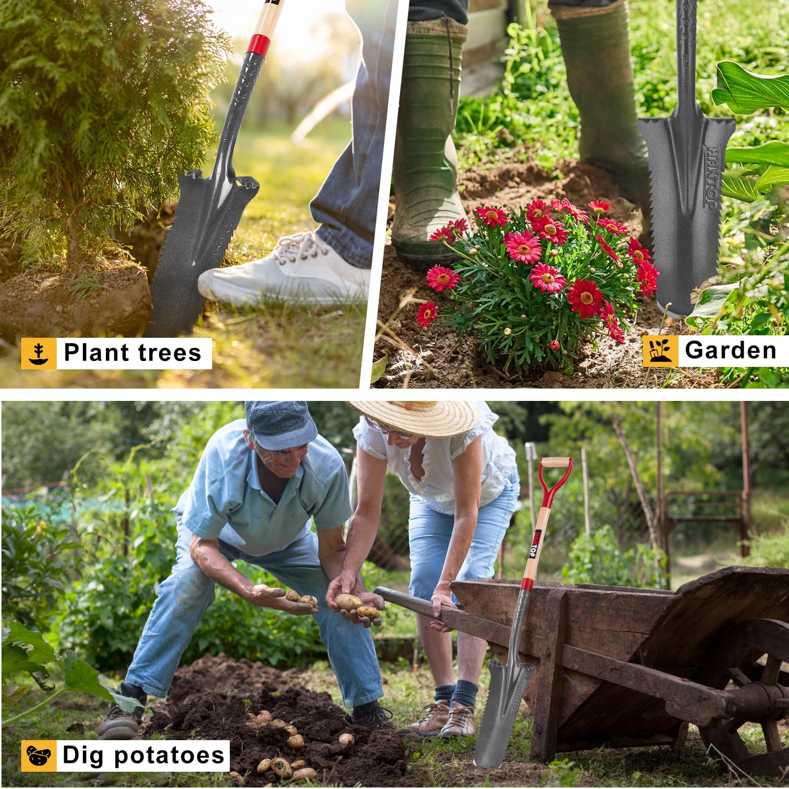 HANTOP spade leaning in a garden setting for versatile landscaping tasks
