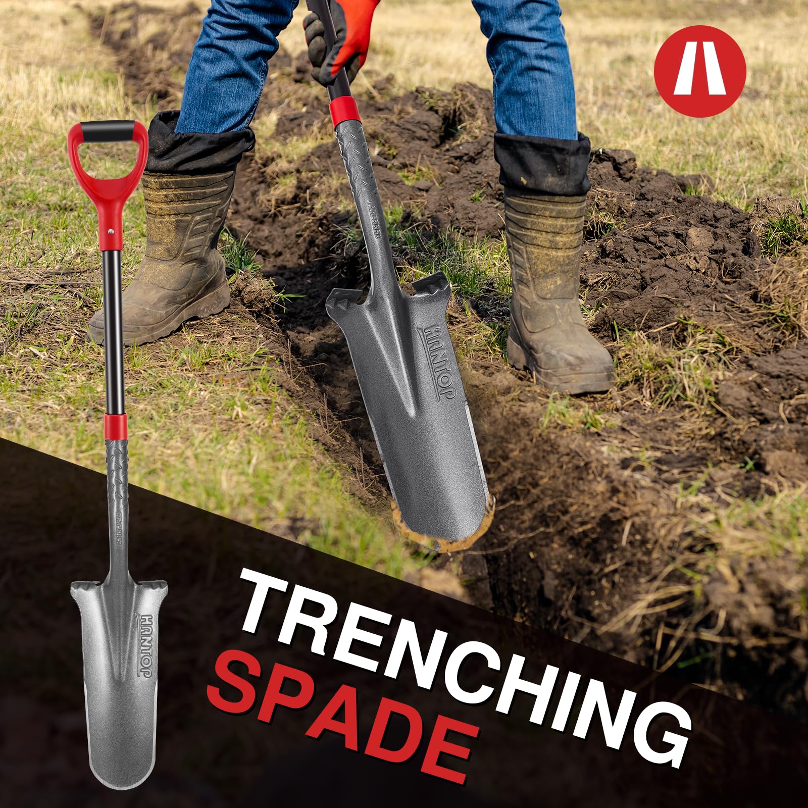 HANTOP spade beside a tape measure showing 44-inch length for better reach