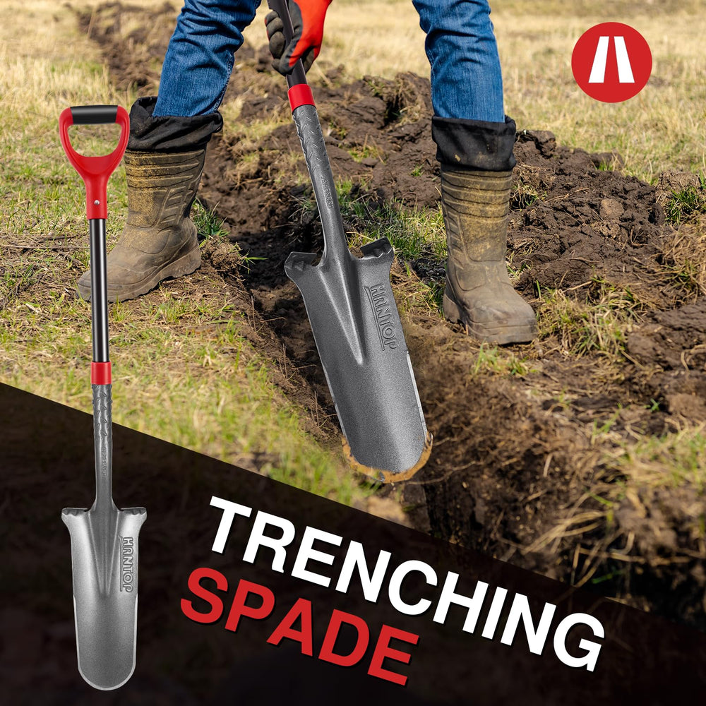 HANTOP spade beside a tape measure showing 44-inch length for better reach