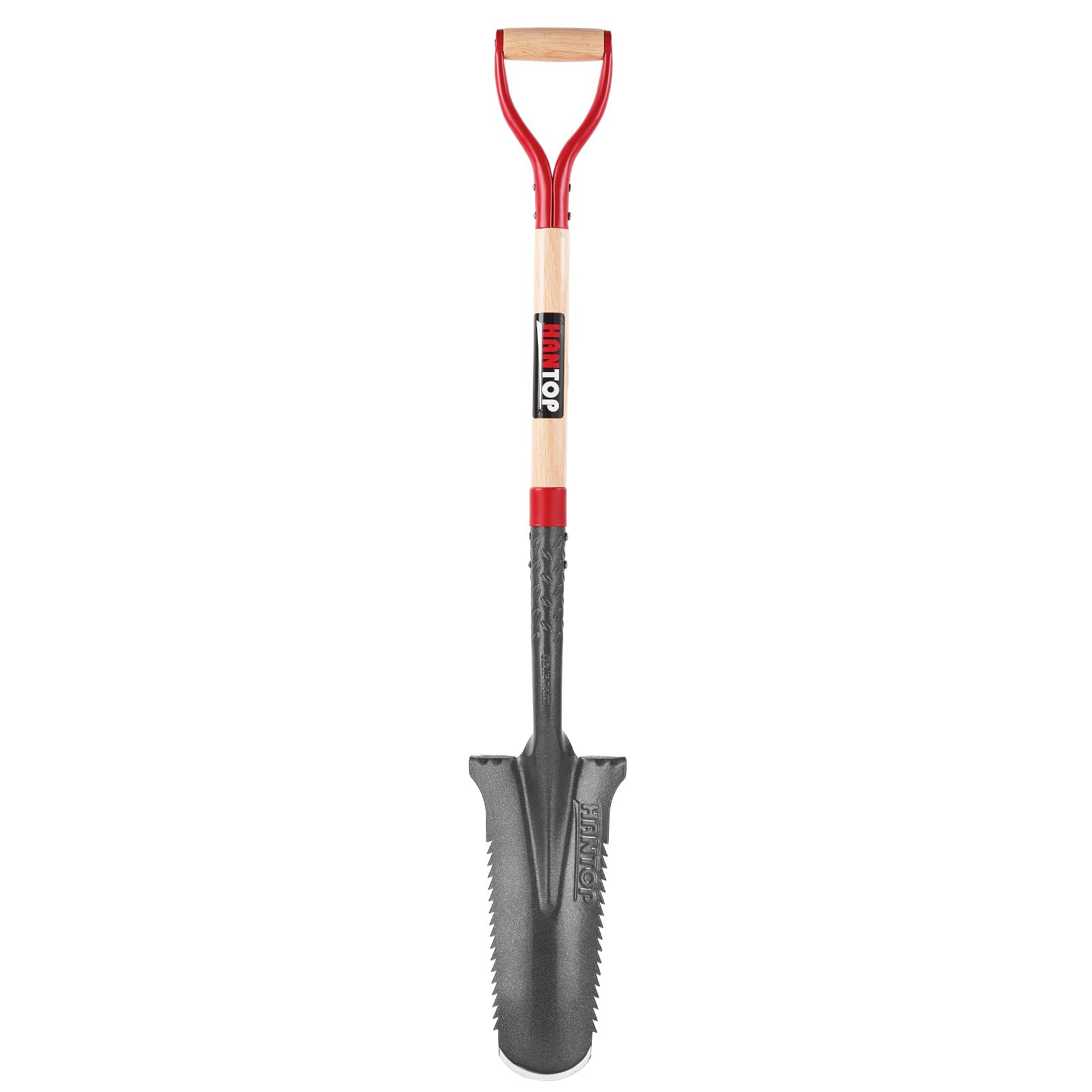 HANTOP front view of 44-inch drain spade showing narrow serrated blade and handle for precise digging