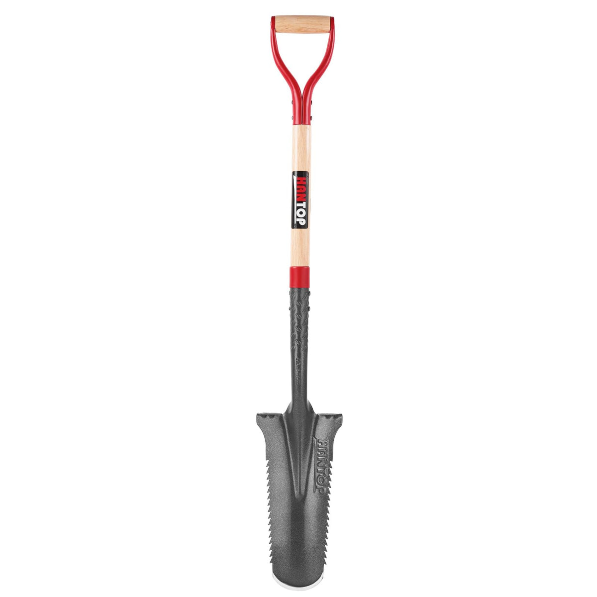 HANTOP front view of 44-inch drain spade showing narrow serrated blade and handle for precise digging