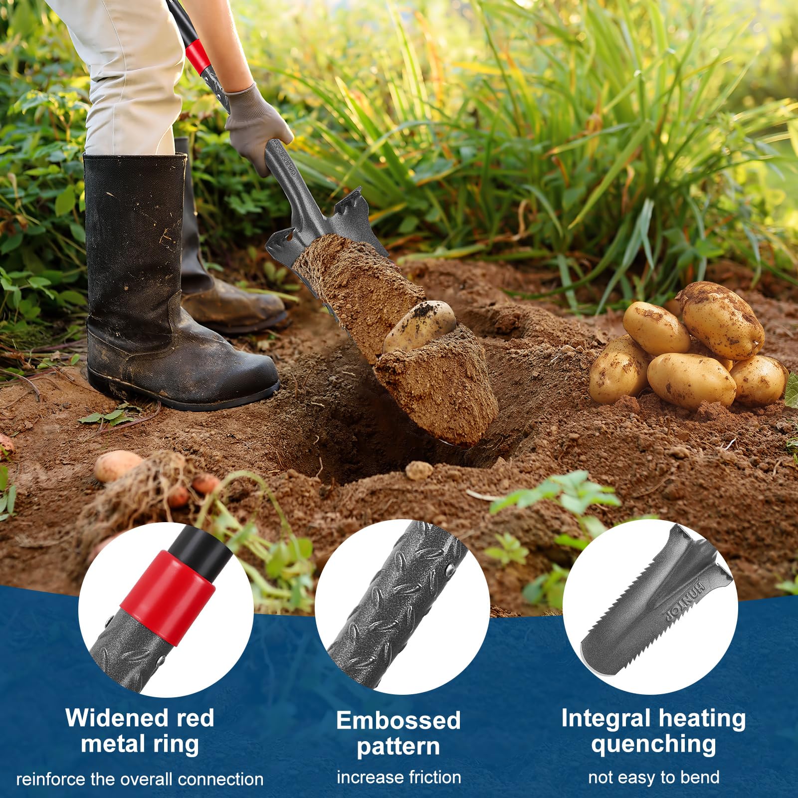 HANTOP spade cutting a narrow trench in soil, enables efficient confined digging