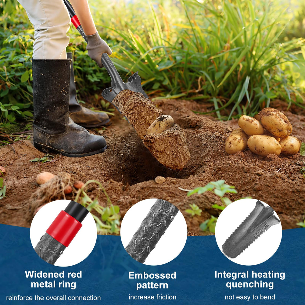 HANTOP spade cutting a narrow trench in soil, enables efficient confined digging