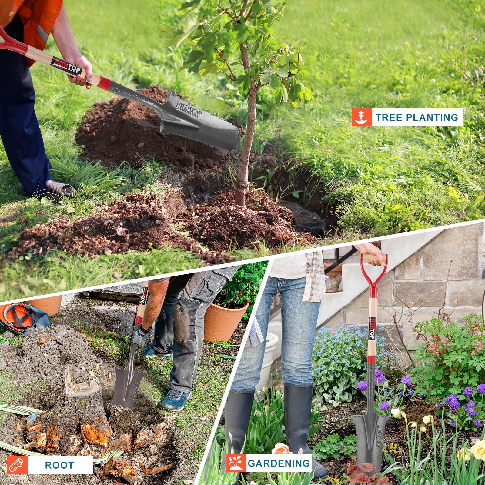HANTOP spade leaned against garden bed in yard setting illustrating practical landscaping use