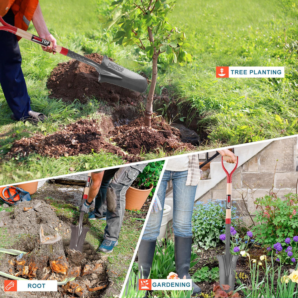 HANTOP spade leaned against garden bed in yard setting illustrating practical landscaping use