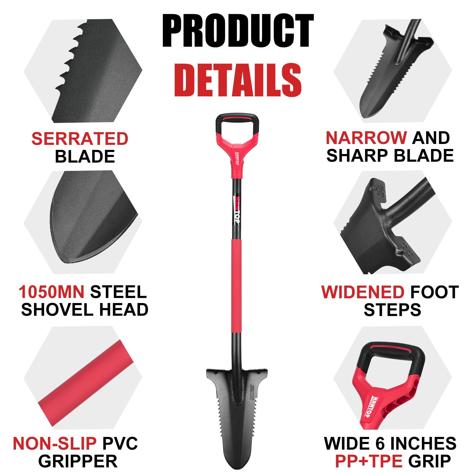 HANTOP oval steel handle and wide PP grip for comfortable leverage