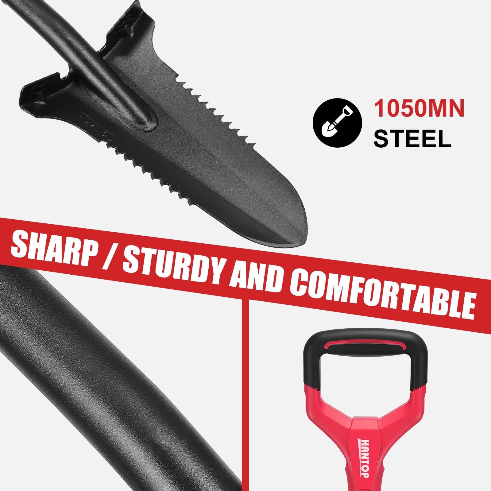 HANTOP spade next to ruler showing 47.2-inch length for reach and control