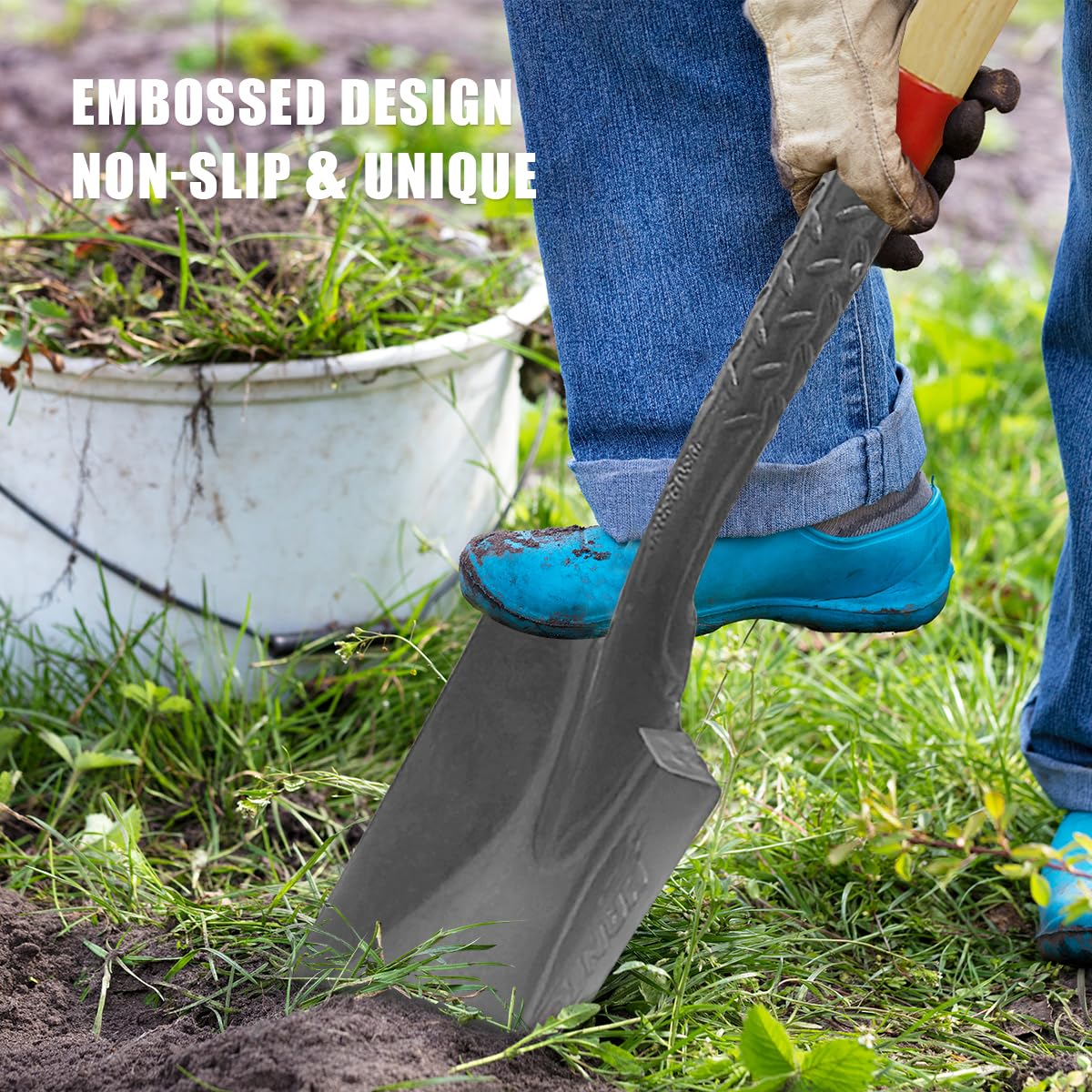 HANTOP spade next to ruler showing 43-inch length for leverage benefit